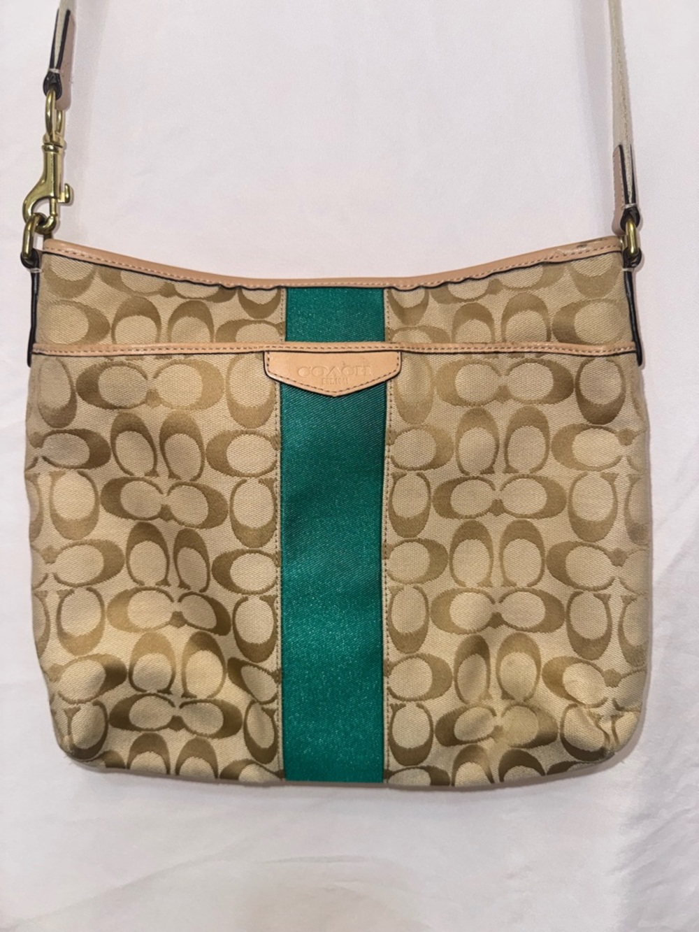 Coach Tan Signature Crossbody with Green Center Stripe